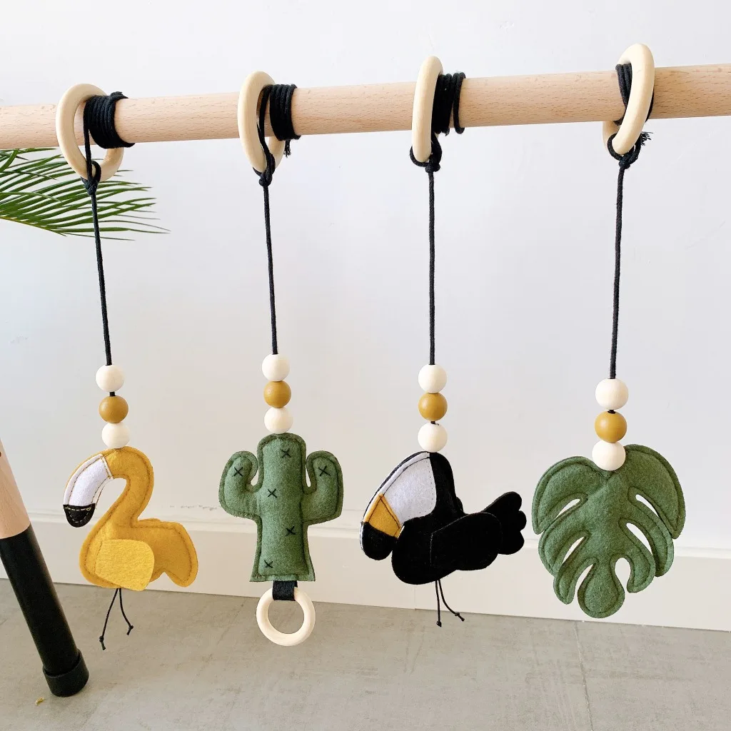 Baby Play Gym Frame Wooden Beech Activity Gym Frame Stroller Hanging Pendants Toys Teether Ring Nursing Rattle Toys Room Decor
