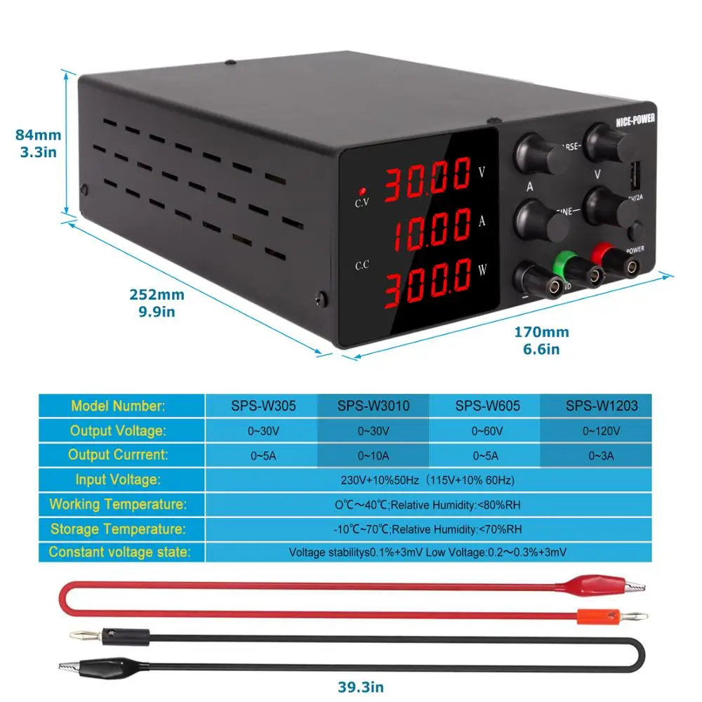 RUZIZAO Alimentation de Laboratoire 30V 10A, Alimentation Stabilisée  Réglable avec Affichage LED à 4 Chiffres de Haute Précision et Port USB  5V/2A, Alimentation Réglable avec Grossiers et Fins : : Commerce,  Industrie