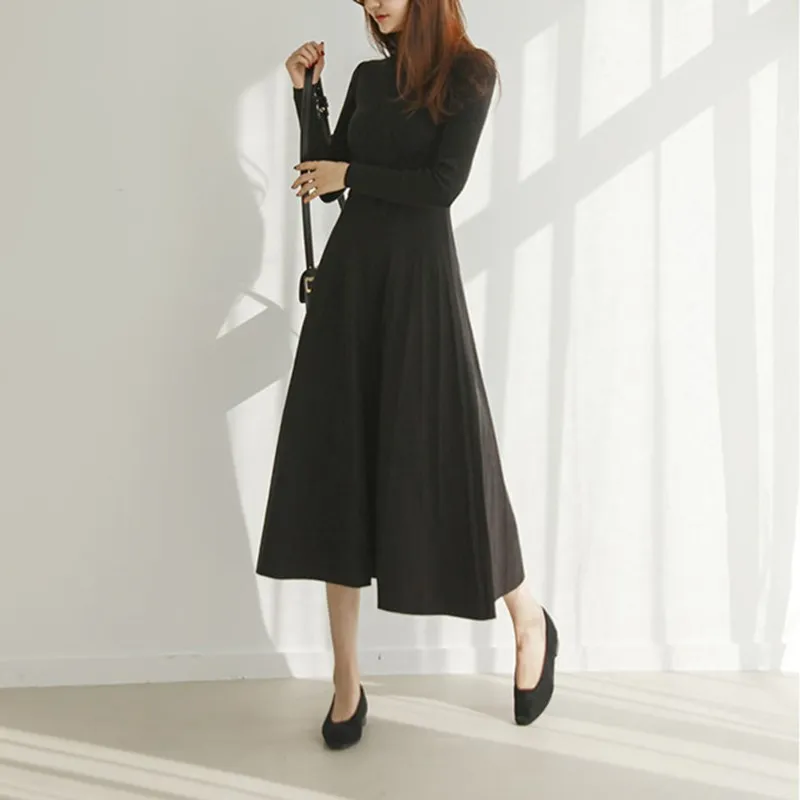 

Winter Women Warm Bottoming Slim Sweater Dress Female With Belt Pleated Dress Sashes Warm Turtleneck Knitted Midi Dress