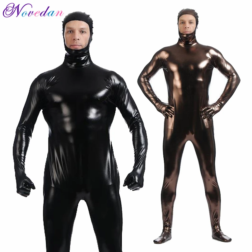 Men Metallic Wetlook Latex Open Face One Piece Bodysuit Zentai Suit Shinny Faux Leather Catsuit Fetish Cosplay Costume Club Wear