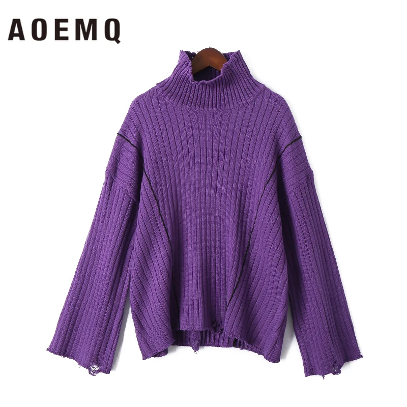 AOEMQ, Модный пуловер, свитер, 4 цвета, водолазка, Зимний вязаный свитер с полосатым узором, свитер, одежда с широкими рукавами