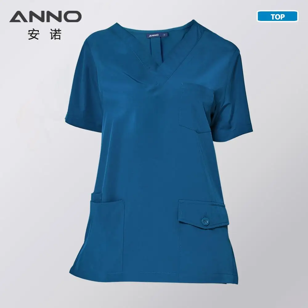 ANNO медицинский скраб набор не липкие волосы Pet Больничная форма для женщин и мужчин клинический халат для кормления с четырьмя сторонними эластичной тканью - Цвет: 19SS001-QinLan-Top