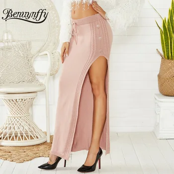 

Benuynffy Sexy Knitted Bodycon Maxi Skirt 2019 Drawstring Waist Side Button High Split Long Skirt Women Autumn winter Skirts
