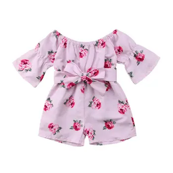 

6M-5T Toddler Kids Baby Girl Off Shoulder Romper Jumpsuit Floral Striped Sunsuit Playsuit Summer Outfits Clothes Hot