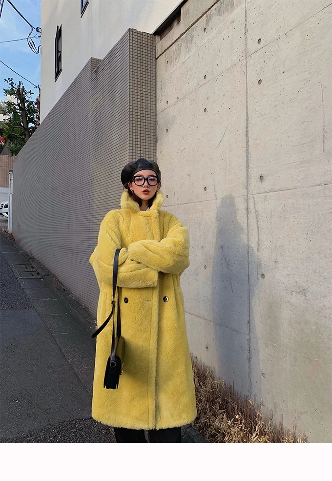 Шерстяное длинное пальто с овечьей шерстью, женская теплая верхняя одежда большого размера из овечьей шерсти JN947 - Цвет: yellow long