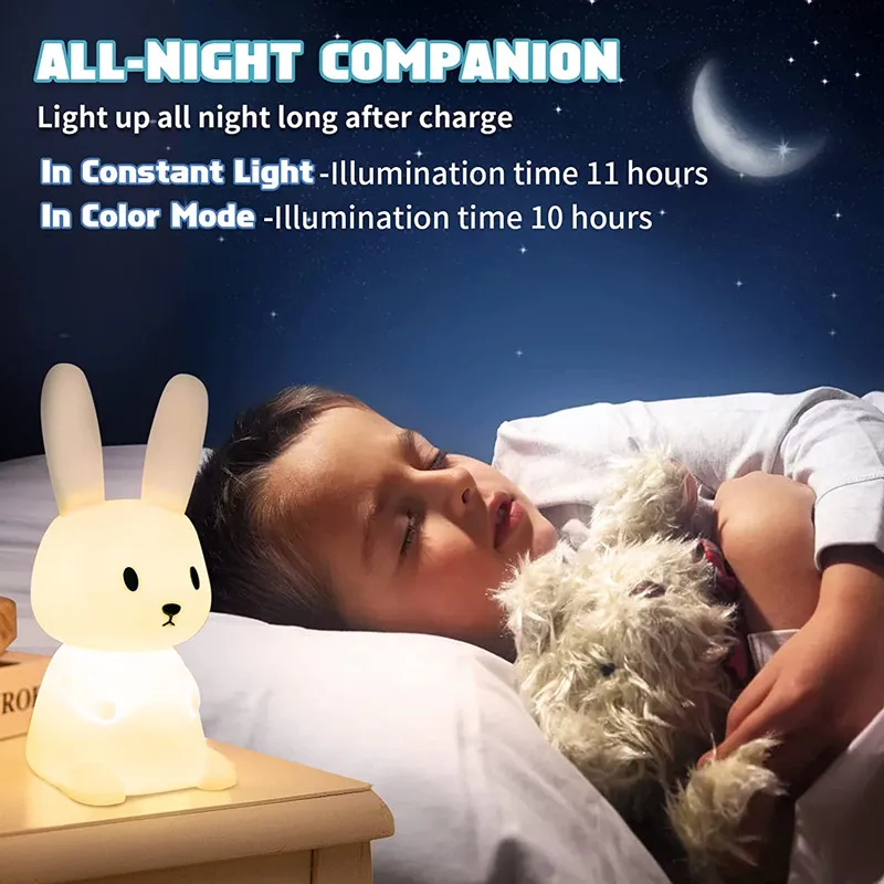 Night Light Cute Bunny Lamp USB Silicone Rabbit for Kids Room Nursery