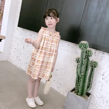 

kids clothes summer 2020 baby girls clothes cotton Yellow Check Pattern Sleeveless Flower Collar Dress