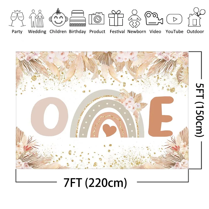 Photo Backdrop Party Decoration Mocsicka Bohemian Rainbow Birthday Backdrop Pampas Grass Boho 1st Birthday Party First One Cake Smash Background
