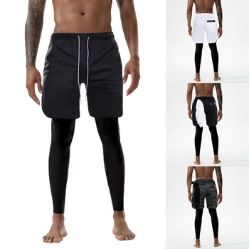 

2019 New Sporting Pants Men Elastic Breathable Fake Two Piece Running Training Pants Gyms Ankle-Length Pants Plus Size XXXL