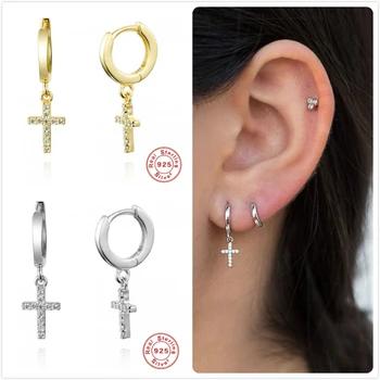 

Real 925 Silver Earrings For Women Gold Zircon Cross Earrings Girl Ear Bone Piercing Earring Female Hoop aretes R5