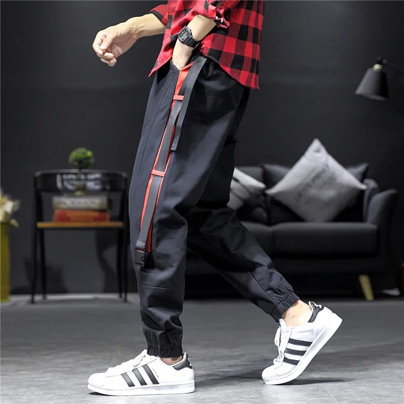 Японский Стиль модные Для мужчин брюки карго Hombre Повседневное ленточки черного Цвет уличная одежда в стиле «хип-хоп», для бега, штаны, мужские брюки - Цвет: Черный
