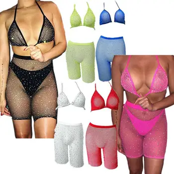 

Sexy split small rhinestone swimsuit sexy mesh bikini suit Womens Summer Bikini Set Swimwear Swimsuit Beachwear Bathing Suit