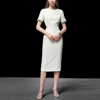 

Seifrmann Summer Slim Sheath Dress Women Fashion Designer Short sleeve Waist Hollow Out Lace Floral Boho White Ladies Midi Dress