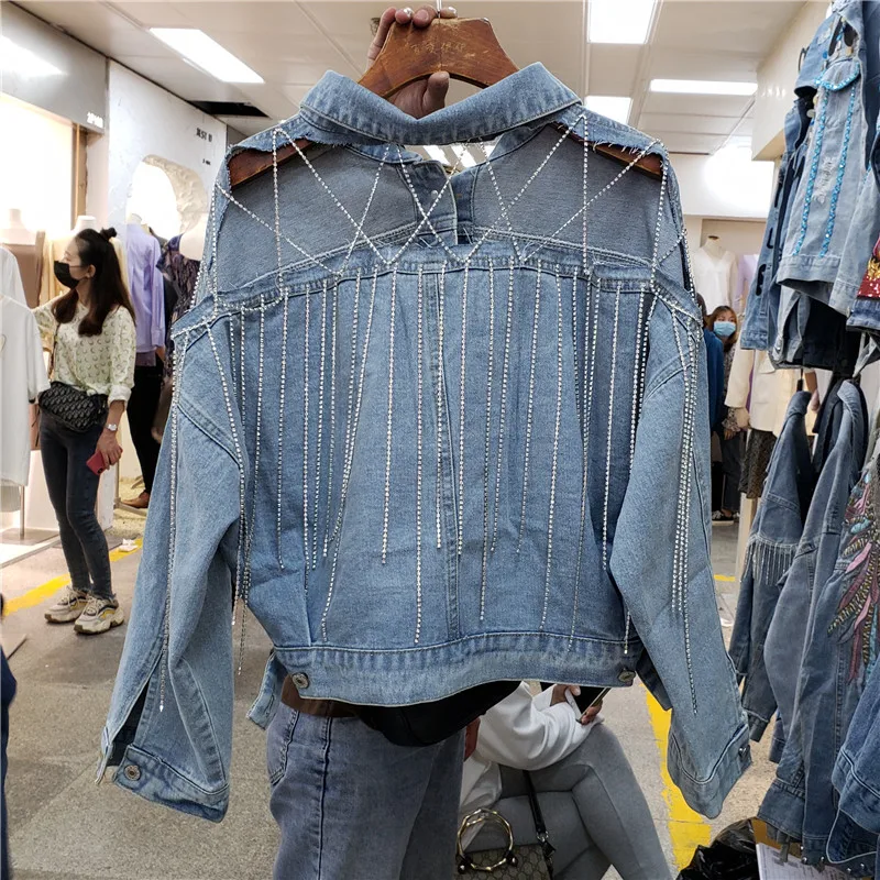 

Cowboy Tops Short Jacket Women's 2020 New Spring and Summer Back Hollow Out Tassels Jeans Jackets Girls Students Blue Denim Coat