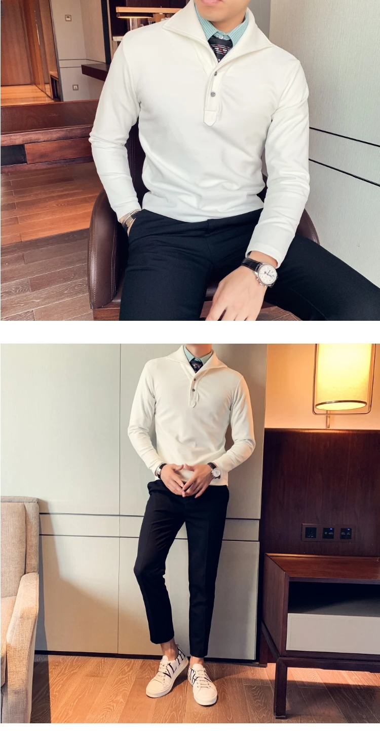 Осень Зима футболка мужская мода длинный рукав Толстые мужские футболки Slim Fit пуловер отложной воротник теплая бархатная безрукавка рубашки