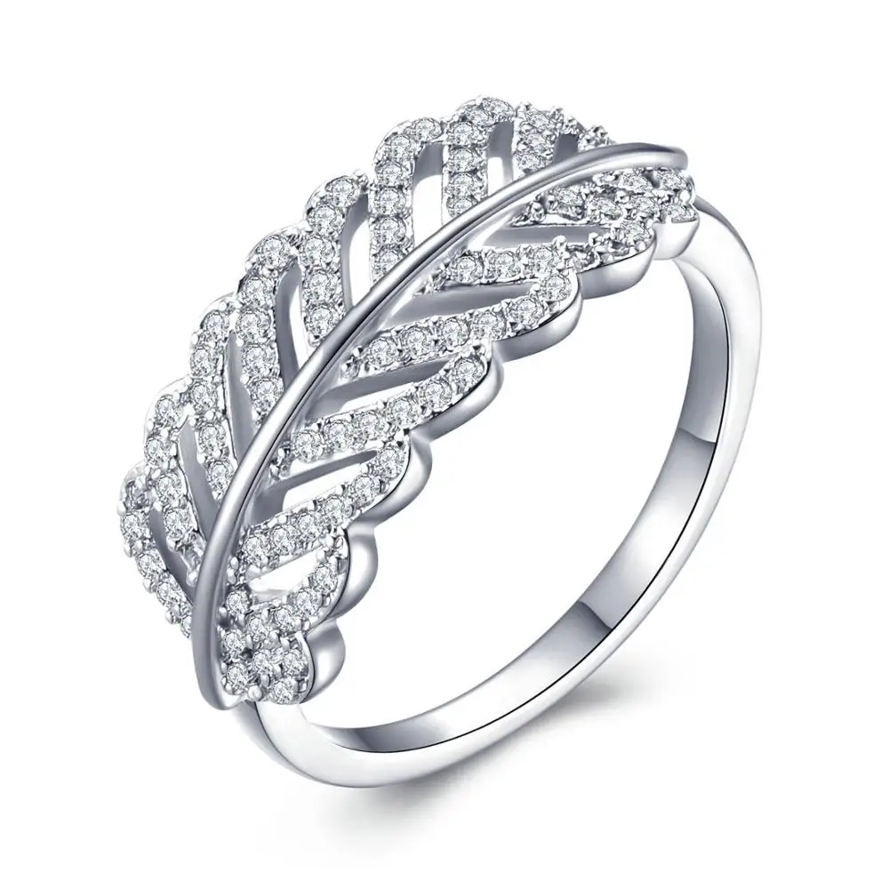 Кольцо легкое в виде пера с прозрачным цирконом подходит для обручальных колец