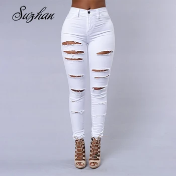 

Suzhan slim jeans summer new fashion Europe and the United States small hole tight waist hip sexy white black pencil pants