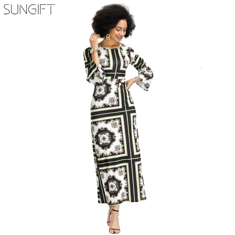 SUNGIFT африканская Дашики женское платье Элегантное белое с круглым вырезом цифровой принт и подол длинное платье для женщин осенняя одежда в африканском стиле