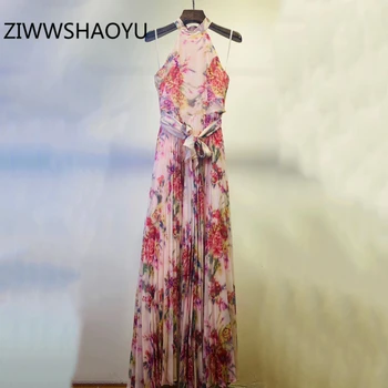 

ZIWWSHAOY Summer Female Floral Print Boho Spaghetti Strap Dresses Runway Designer Halter Collar Bow Belt Pleated Long Dress