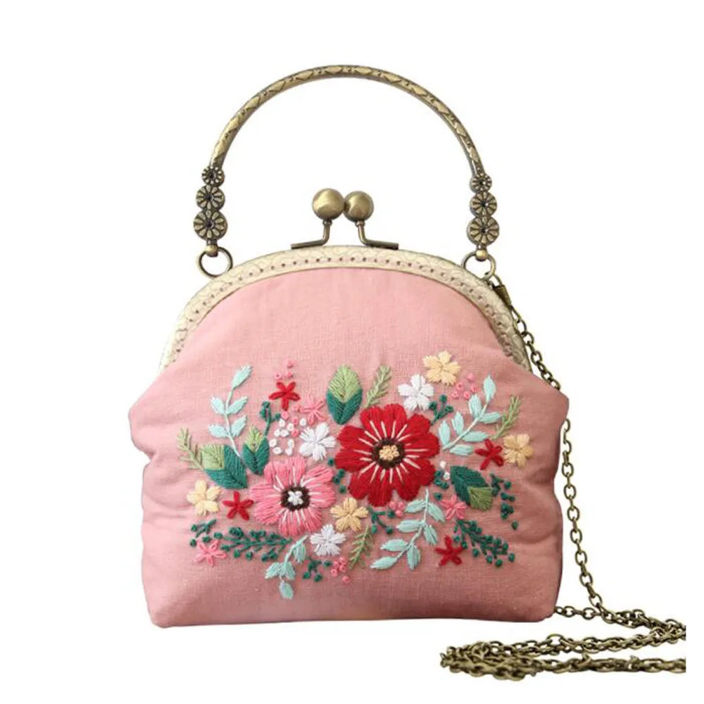DIY Ribbon Embroidery Bag Set Handmade Needlework Kits Cross Stitch Chain Bag Swing Purse Wallet 3D