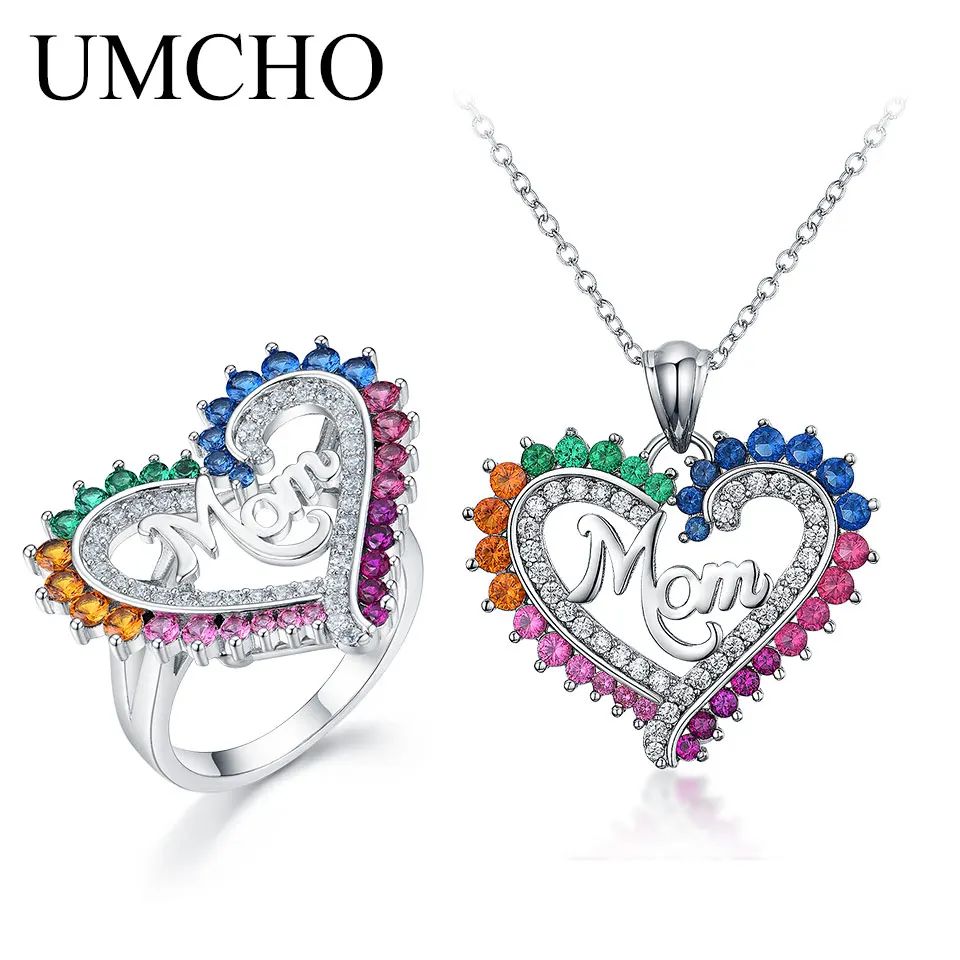

UMCHO 925 Sterling Silver MOM Heart Pendant Necklace Ring For Women Mother's Day Jewelry Gifts for Mom Jewelry Set