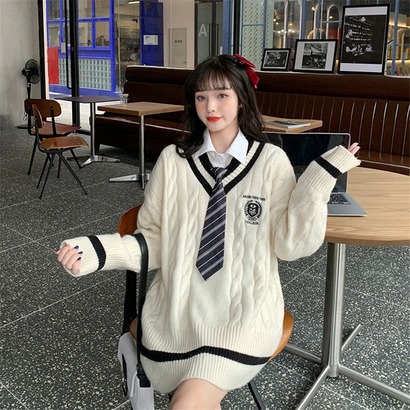 Student Uniforms Women Korean Version Style V-neck Loose Casual Knitted Sweater Autumn Winter