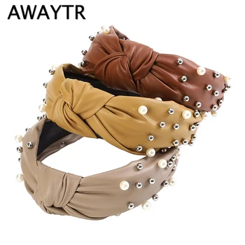 

AWAYTR Fashion Leather Pearl Hairband Bow Knot Headband Lady Girls Hair Hoop Bands Hair Accessories For Women Headdress Hot Sale