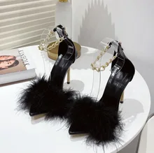  LTARTA  Summer Fashion Chain Fur Decoration Stiletto Sandals Female High-heeled Shoes With Hollow Sandals For Women JXQ 