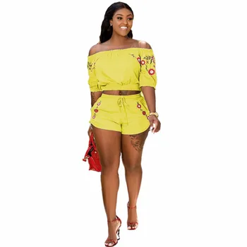 

2020 Summer Sexy Beach Two Set Women Slash Neck Short Sleeve Drawstring Waist Shorts Set Fashion Casual Floral Print 2 Piece Set