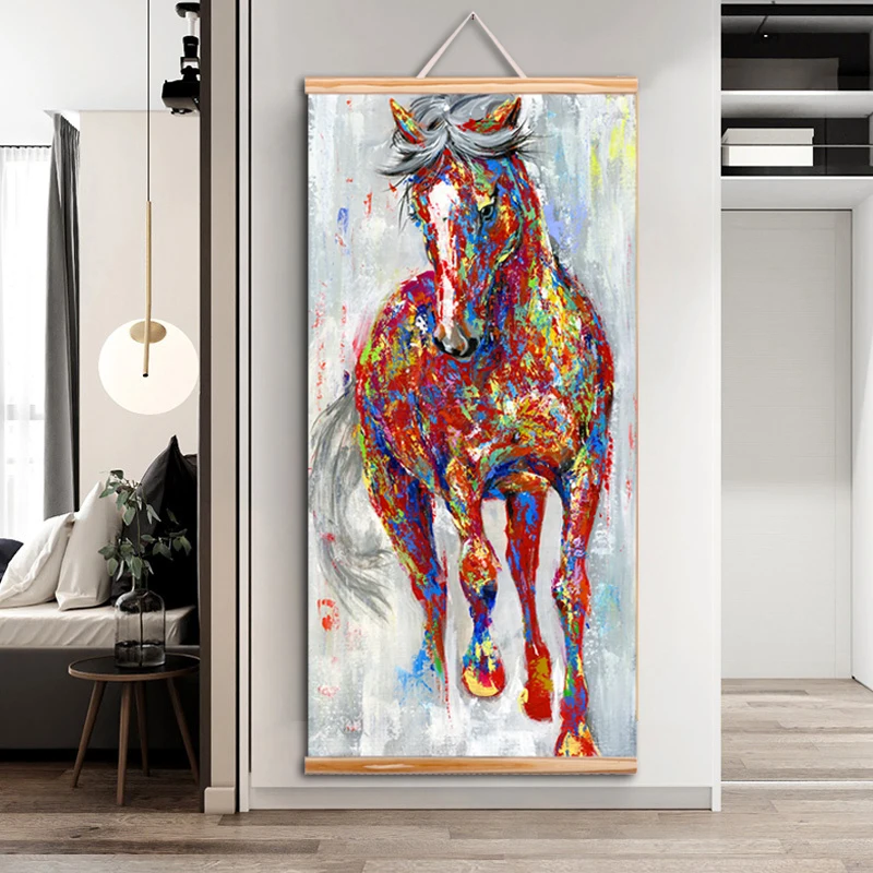 

WANGART frame painting Larger Original Running Horse Oil Paintings Wall Art Wooden Scroll Wall Picture For Living Room