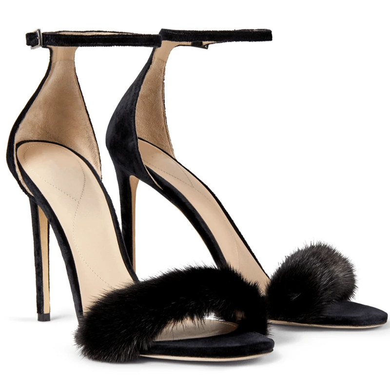 

Spring and summer mink capillary high-heeled open-toe suede sandals banquet dress all-match large size custom women single shoes
