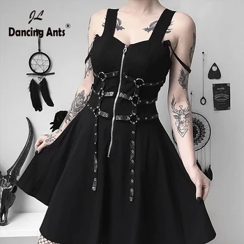 

Woman Dress Dark System Punk Gothic Style Sexy Strap Belt Slim Dress V-Neck Sleeveless Female Chic Above Knee Solid Dresses