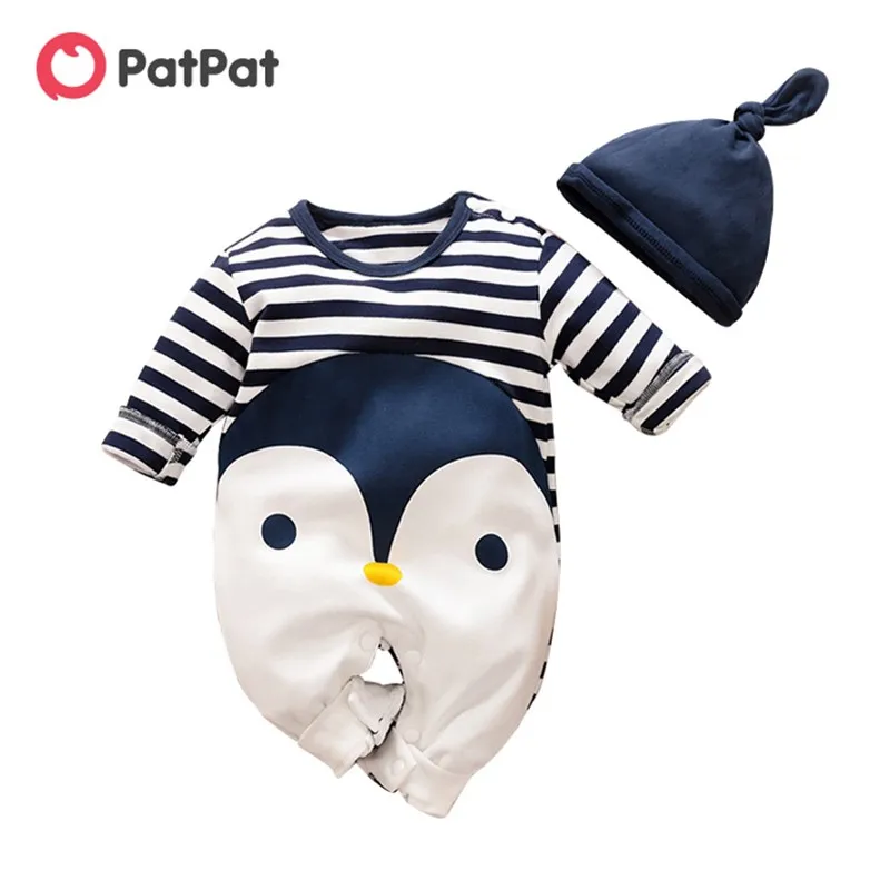 PatPat 100% cotone Casual neonato a strisce stampa pinguino manica lunga  tuta cappello Set per bambino blu scuro Crawler| | - AliExpress