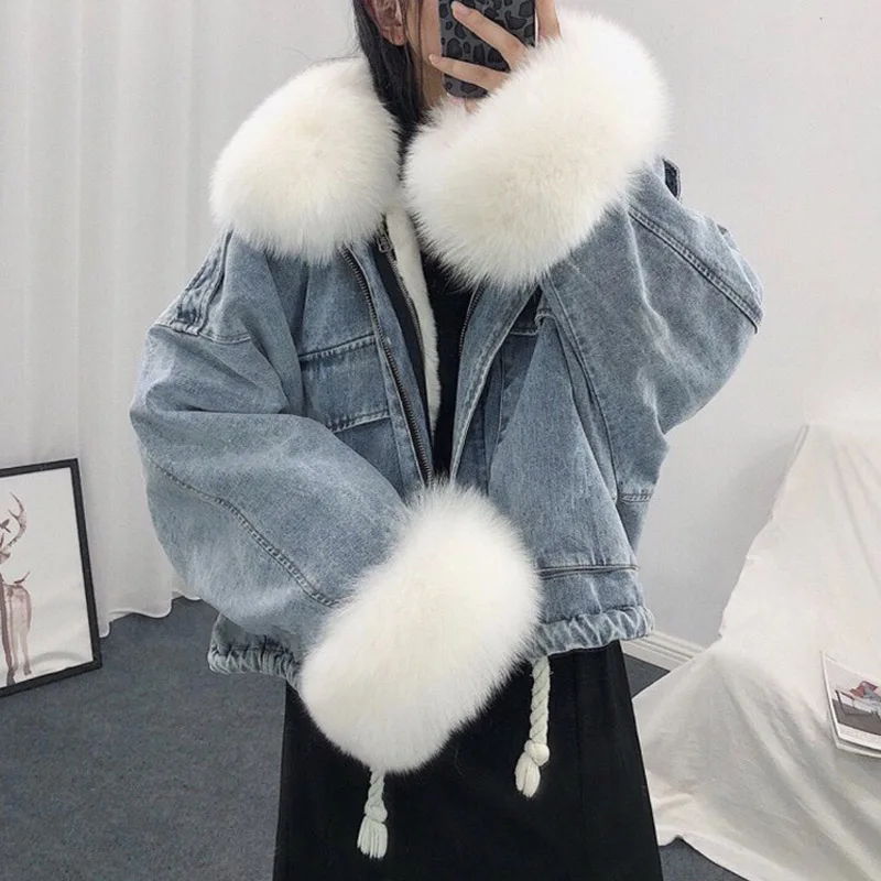 

NORMOV New Women Denim Jacket Autumn Winter Removable Loose Big Fur Collar Plus Velvet Coat Female Short Thicken Keep Warm Coat