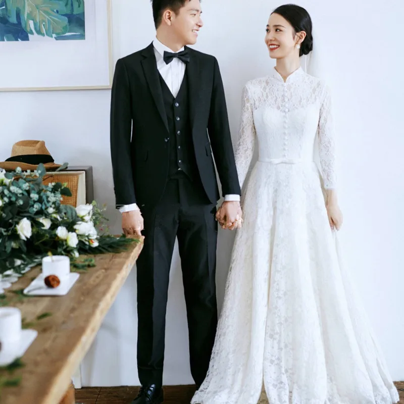 

Lace Wedding Dress 2020 High Neck Buttons Wedding Gown Cheap Custom Made A-Line Muslim Arabic Bride Dresses robe de mairee PFW90