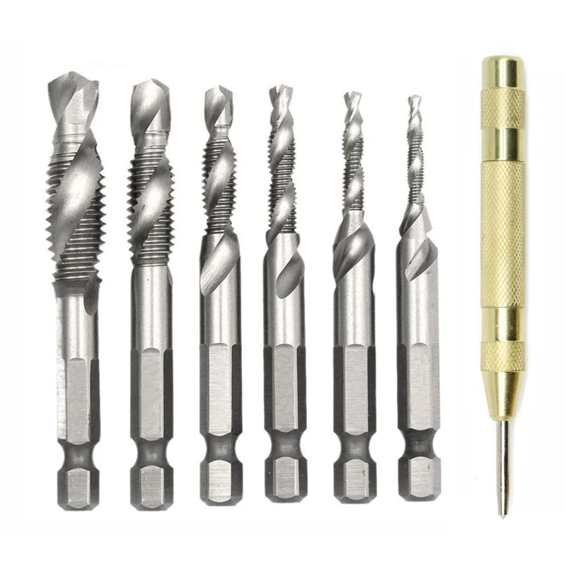 

7 Pcs 1/4 Inch Hss Spiral Hex Shank Combination Drill Screw Tap Bit Set(M3-M10)With Automatic Spring Loaded Center Punch Tool