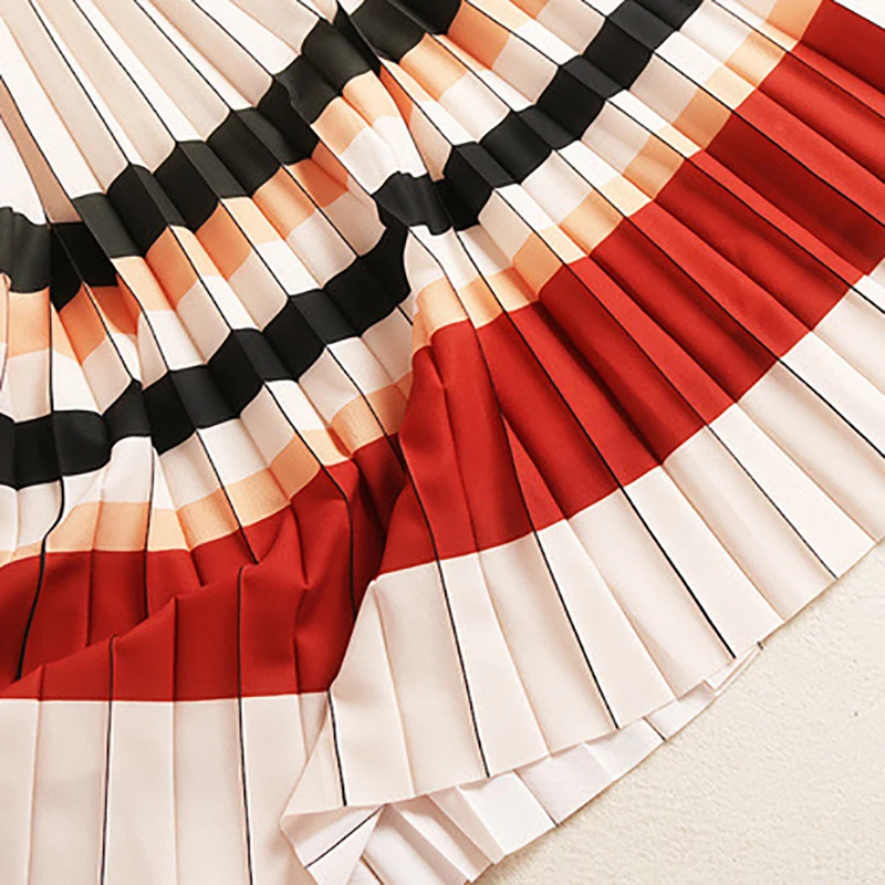 AELESEEN Office Lady Striped Twinset Autumn Elegant Contrast Color Top+ Elastic Waist Luxury Pleated Mid-Calf Skirt Suits