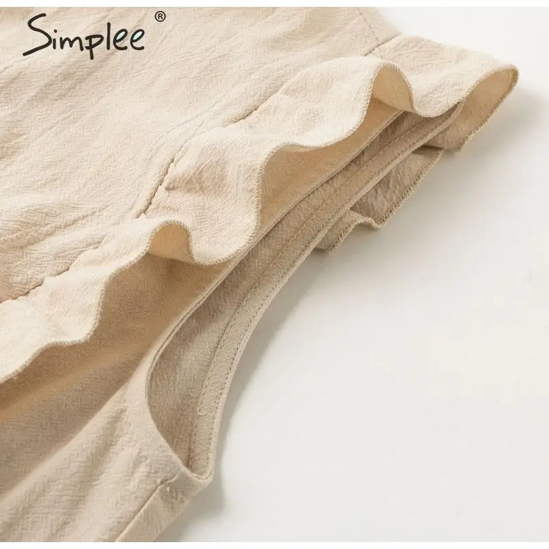 Simplee Sleeveless ruffled women dress High waist belt o-neck a-line summer dress Cotton solid female spring office mini dress