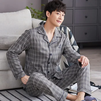 

Spring New Cotton Men Pajamas Set Striped Pyjamas Mens Sleepwear Long Tops+Long Pants 2Pcs Set Male Leisure Nightwear