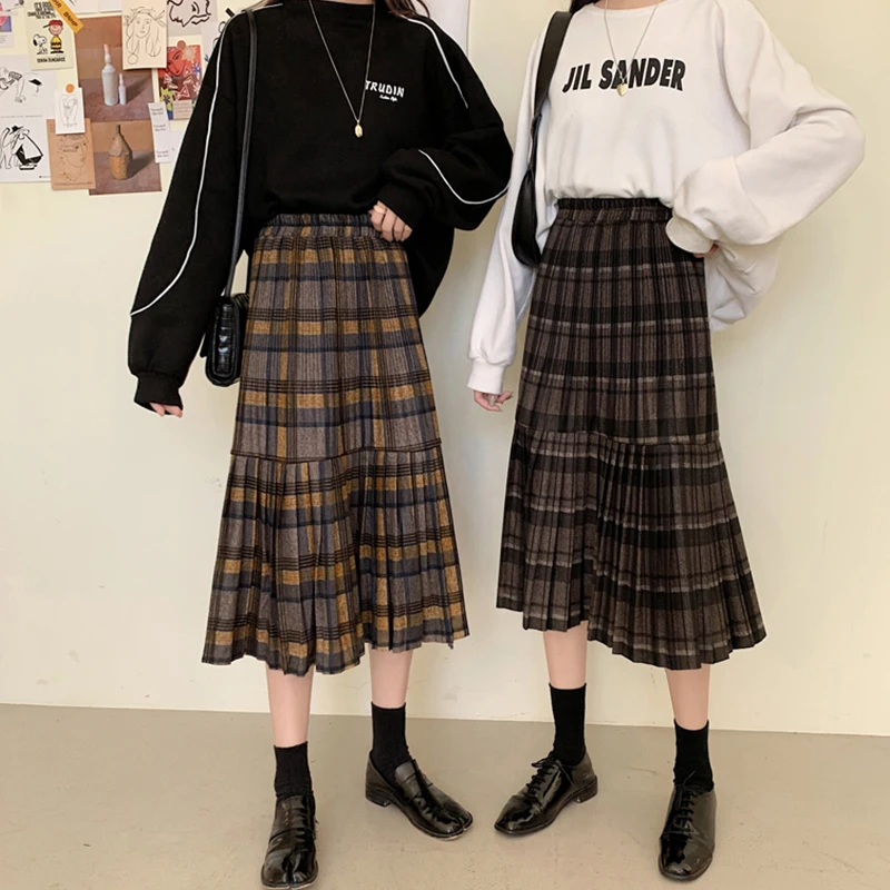 Женская Клетчатая Шерстяная Юбка в стиле ретро Harajuku, свободная плиссированная юбка с высокой талией, женская простая облегающая трапециевидная юбка для женщин