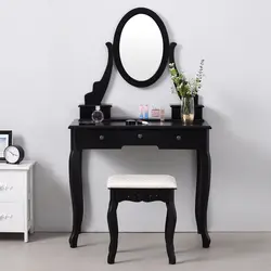 Поміняне Роскошные деревянный туалетный столик макияж и стул зеркала Jewellery Шкаф 4-Мя Ящиками 360 ° спиннинг зеркало
