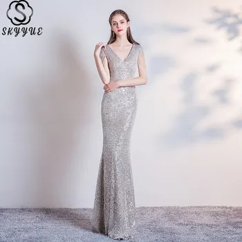

Skyyue Eveing Gowns V-Neck Sequined Mermaid Short Sleeve Robe De Soiree K043 Tassel Floor-Length Evening Dresses for Women