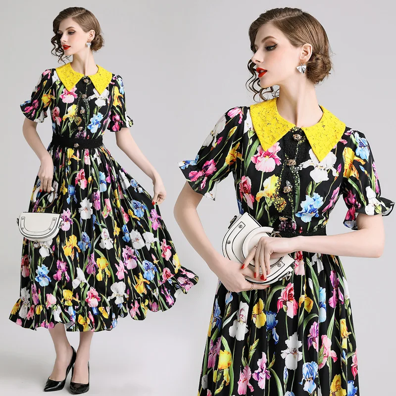 

2019 Europe And America High-End Tulip Printed Fashion Lace Tiger Head Button Waist Hugging Short-sleeve Dress