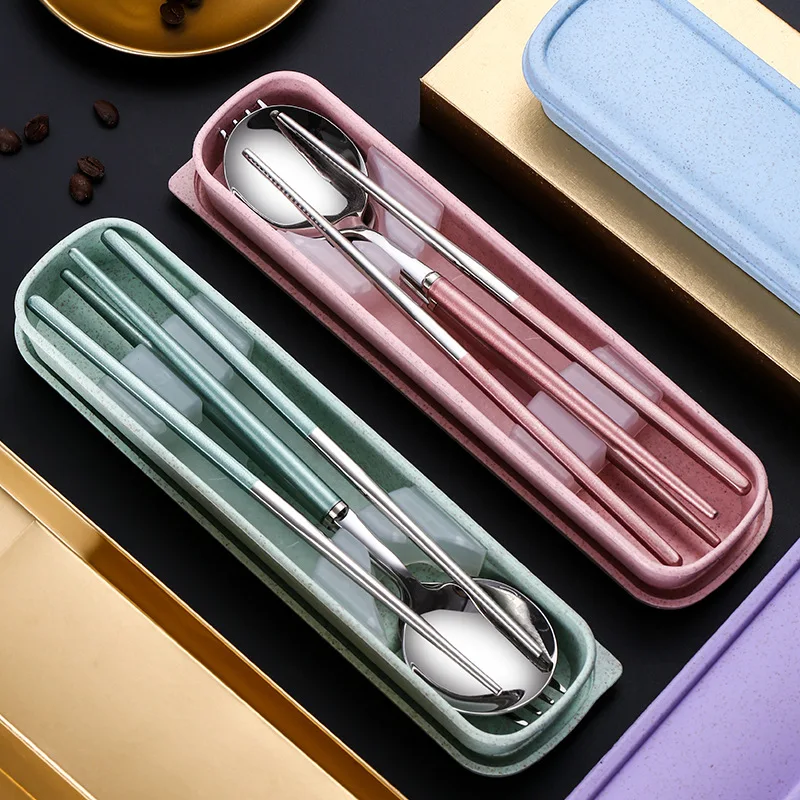 

stainless steel portable tableware student travel meal box three-piece set fork spoon chopsticks set wheat rose gold flatware