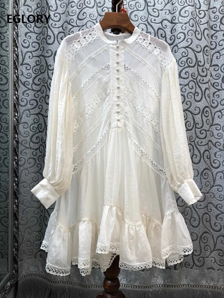 

Top Quality New 2020 Spring Summer Style Women Hollow Out Embroidery Lace Patchwork Long Sleeve Silk Cotton Dress Above Knee
