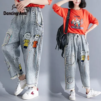 

Woman Plus-Size Jeans Elastic High Waist Loose Harem Pants Vintage Cartoon-Embroidery Patchwork Drawstring Casual Female Trouser