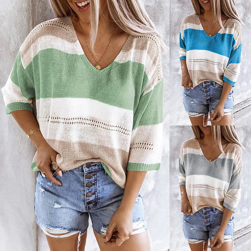 

Women Knitted Sweater Casual Patchwork Striped Spring Autumn Three-Quarter Sleeve Pullover Tops Ladies V Neck Hollow Out Sweater