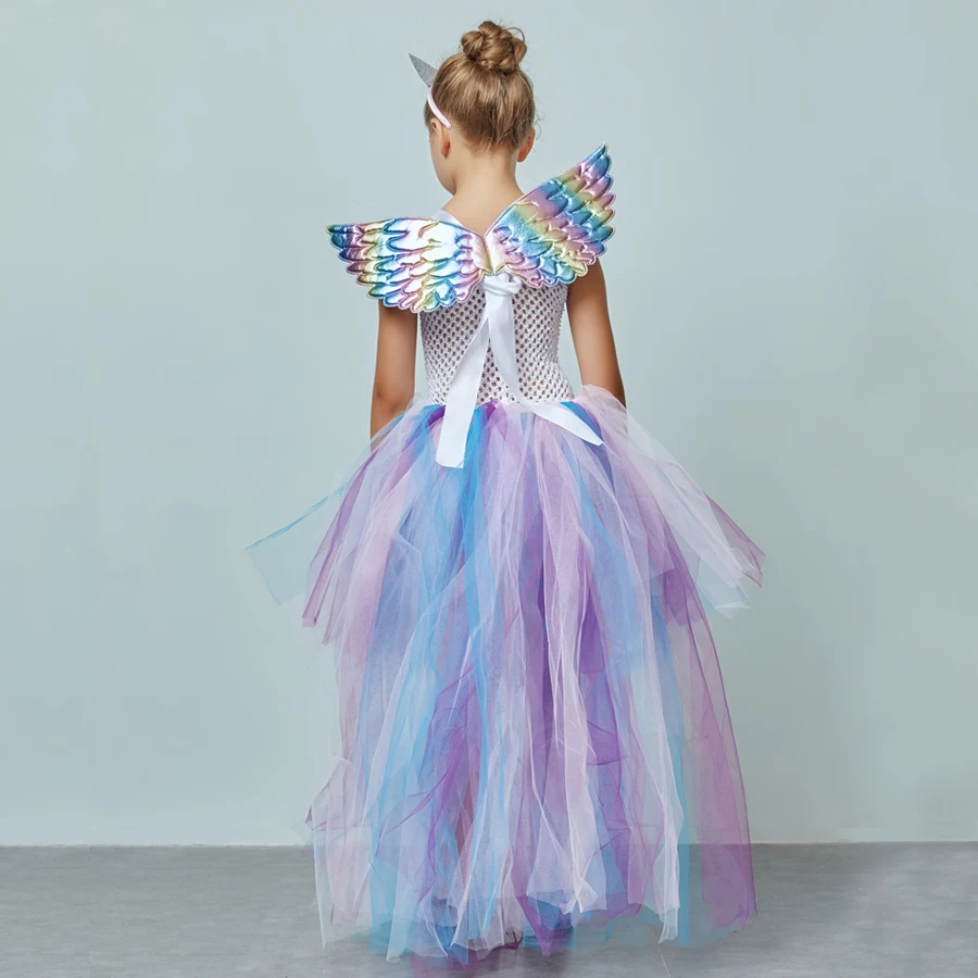 Kids Pastel Rainbow Unicorn Princess Tutu Dress Girls Halloween Pageant Costume Kids Tulle Train Unicorn Birthday Ball Gown Dress  (6)