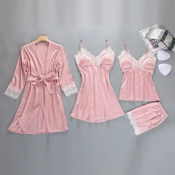 

Sexy M-XXL Bath Robe Gown Pajamas Sets Woman 4PC Strap Top Pants Suit Sleepwear Casual Home Wear Nightwear Kimono Bathrobe