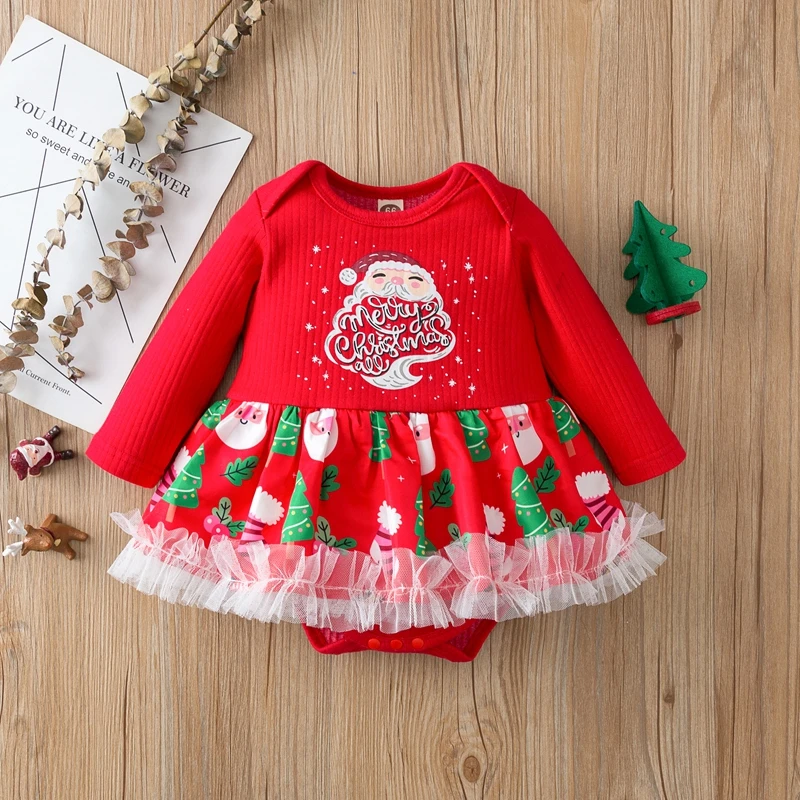 

Baby Girl's Christmas Printed Romper, Long Sleeve Ruffled Lace Skirt Hem and Snap Button Crotch Baby Clothes Autumn clothes